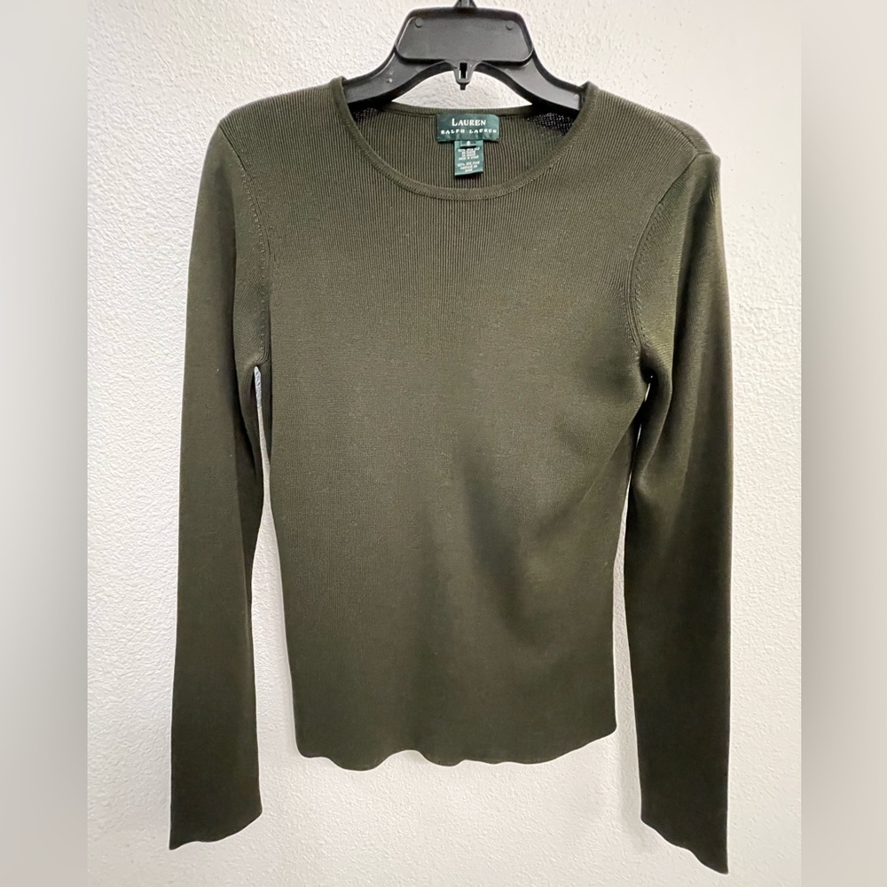 Vintage Lauren Ralph Lauren Women's Olive Green Spun Silk Top